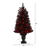 4’ Black Halloween Artificial Christmas Tree in Urn with 100 Orange LED Lights by Nearly Natural - Vysn