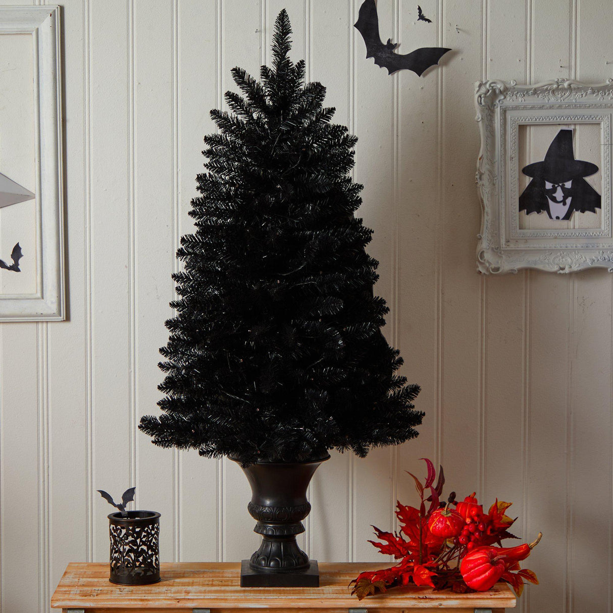 4’ Black Halloween Artificial Christmas Tree in Urn with 100 Orange LED Lights by Nearly Natural - Vysn