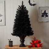 4’ Black Halloween Artificial Christmas Tree in Urn with 100 Orange LED Lights by Nearly Natural - Vysn