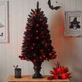 4’ Black Halloween Artificial Christmas Tree in Urn with 100 Orange LED Lights by Nearly Natural - Vysn