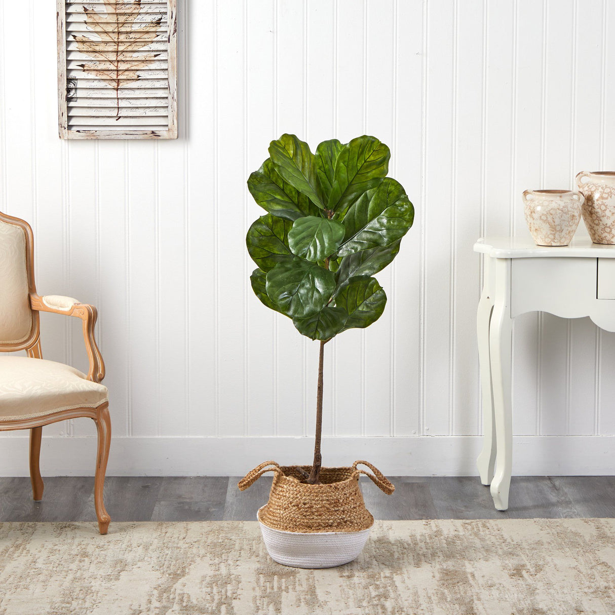 4’ Fiddle Leaf Tree in Boho Chic Handmade Cotton & Jute White Woven Planter UV Resistant by Nearly Natural