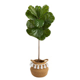 4’ Fiddle Leaf Tree in Boho Chic Handmade Natural Cotton Woven Planter with Tassels UV Resistant by Nearly Natural