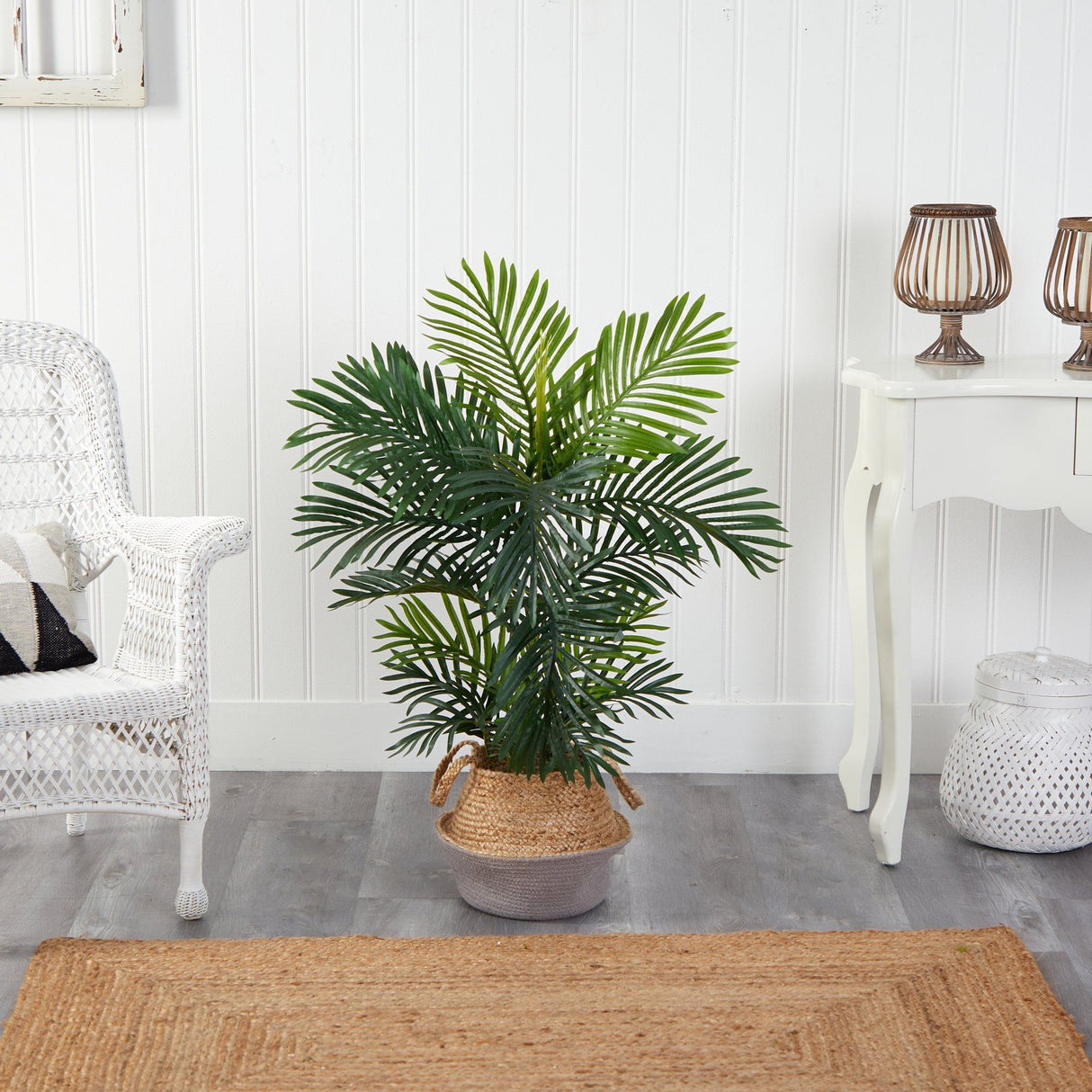 40” Areca Palm Tree in Boho Chic Handmade Cotton & Jute Gray Woven Planter UV Resistant by Nearly Natural