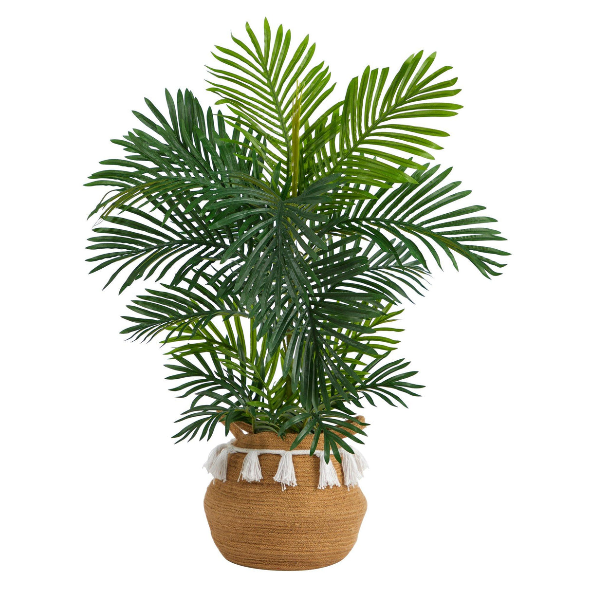 40” Areca Palm Tree in Boho Chic Handmade Natural Cotton Woven Planter with Tassels UV Resistant by Nearly Natural