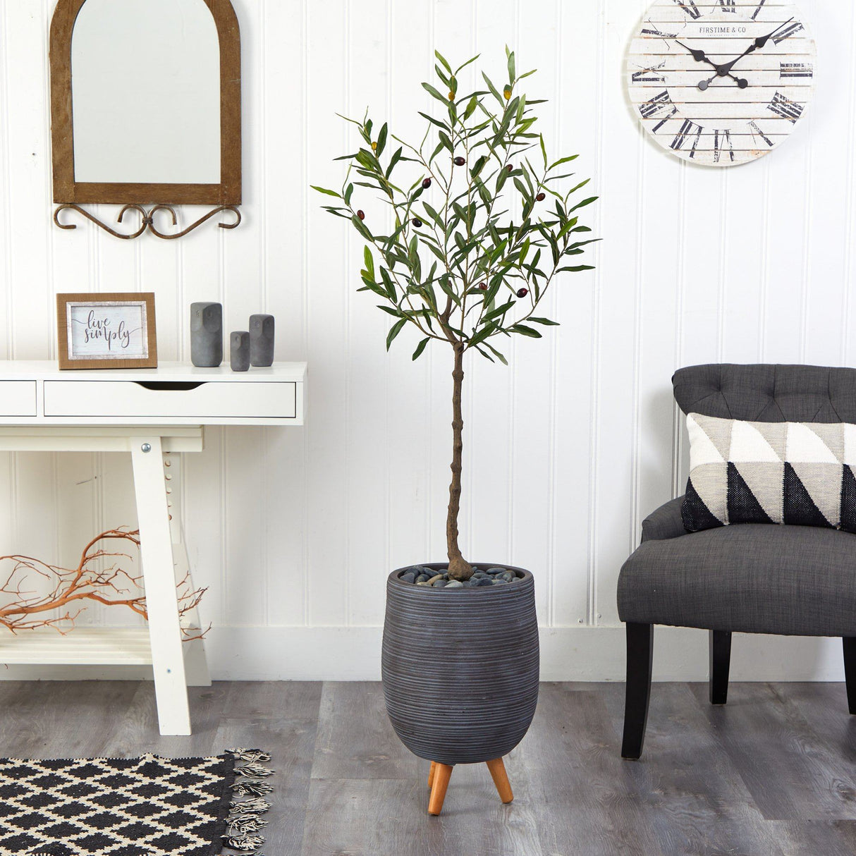 4.5’ Artificial Olive Tree in Gray Planter with Stand by Nearly Natural