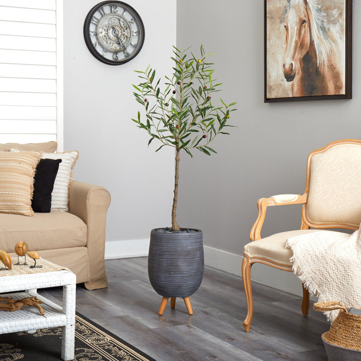 4.5’ Artificial Olive Tree in Gray Planter with Stand by Nearly Natural