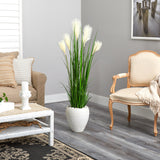 4.5’ Wheat Plum Grass Artificial Plant in White Planter by Nearly Natural