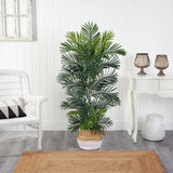 5’ Areca Palm Tree in Boho Chic Handmade Cotton & Jute White Woven Planter UV Resistant by Nearly Natural