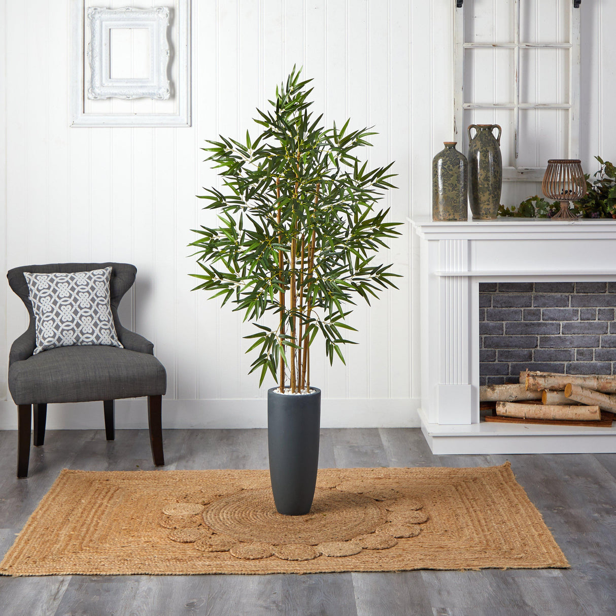 5’ Bamboo Tree in Gray Cylinder Planter by Nearly Natural