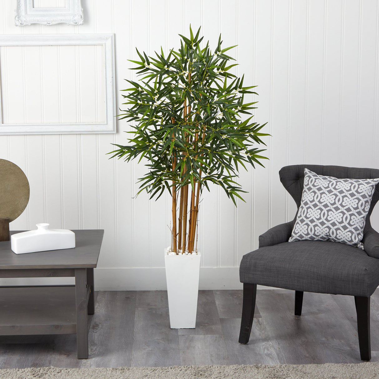 5’ Bamboo Tree in White Tower Planter by Nearly Natural