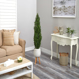 5' Cedar Artificial Tree in White Planter with Stand (Indoor/Outdoor) by Nearly Natural