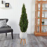 5' Cedar Artificial Tree in White Planter with Stand (Indoor/Outdoor) by Nearly Natural