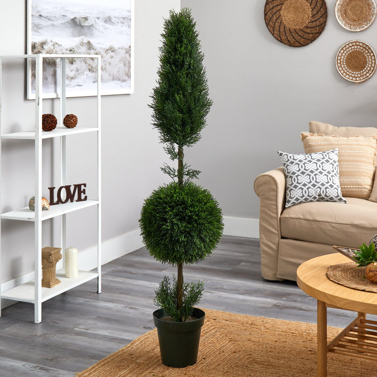 5' Cypress Ball and Cone Silk Tree (In-door/Out-door) by Nearly Natural