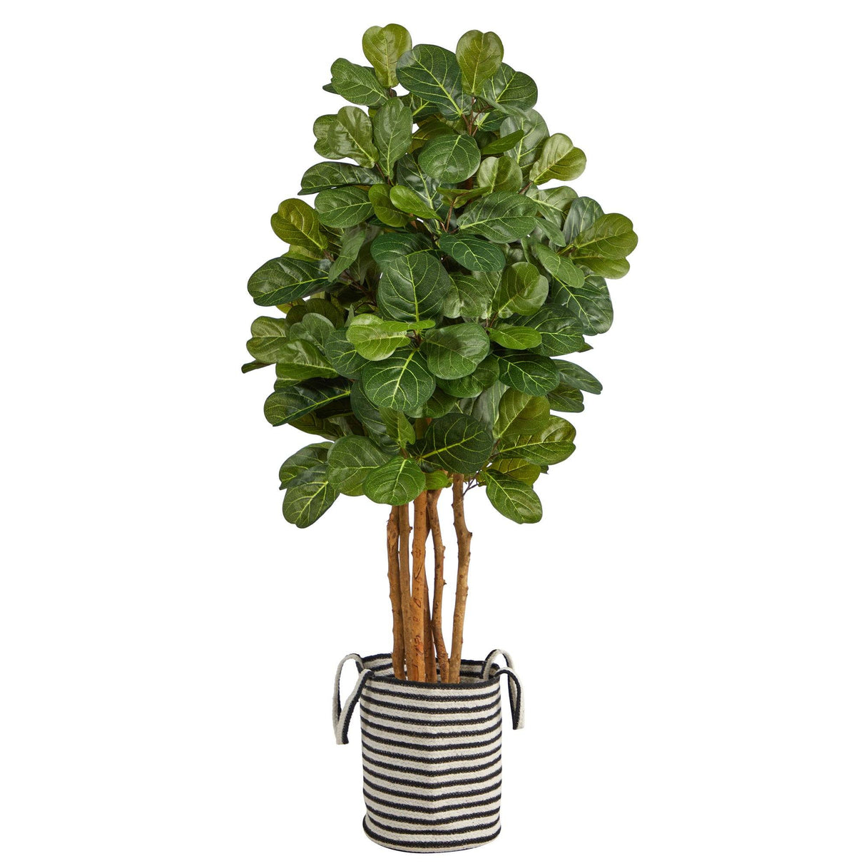 5’ Fiddle Leaf Fig Artificial Tree in Handmade Black and White Natural Jute and Cotton Planter by Nearly Natural