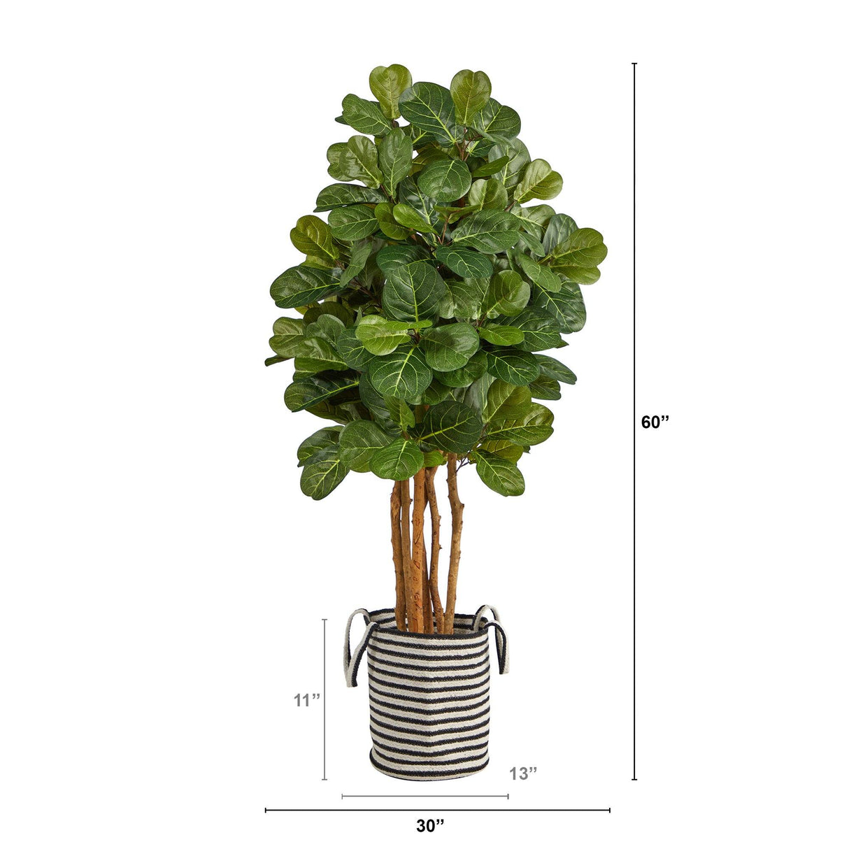 5’ Fiddle Leaf Fig Artificial Tree in Handmade Black and White Natural Jute and Cotton Planter by Nearly Natural