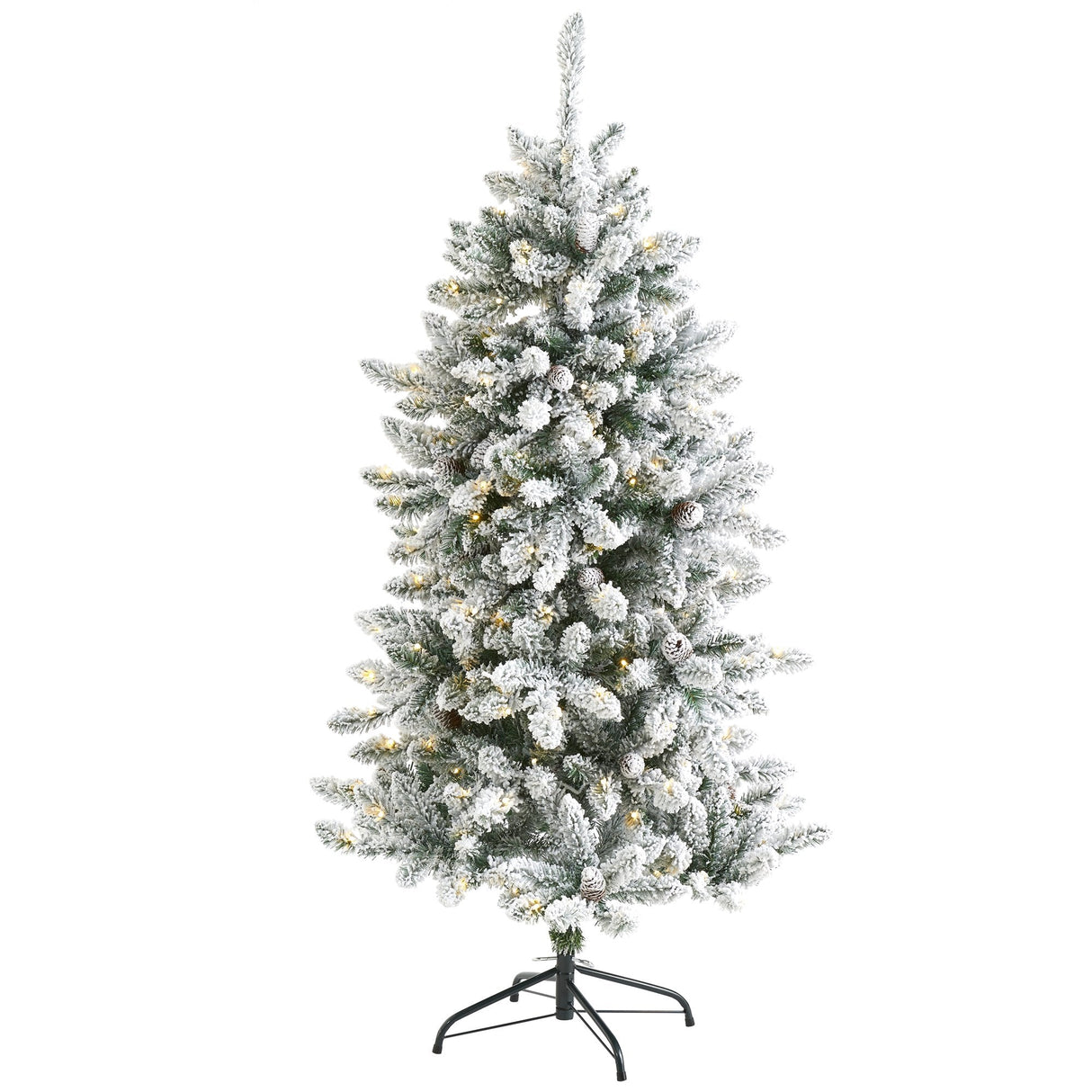 5’ Flocked Livingston Fir Artificial Christmas Tree with Pine Cones and 200 Clear Warm LED Lights by Nearly Natural