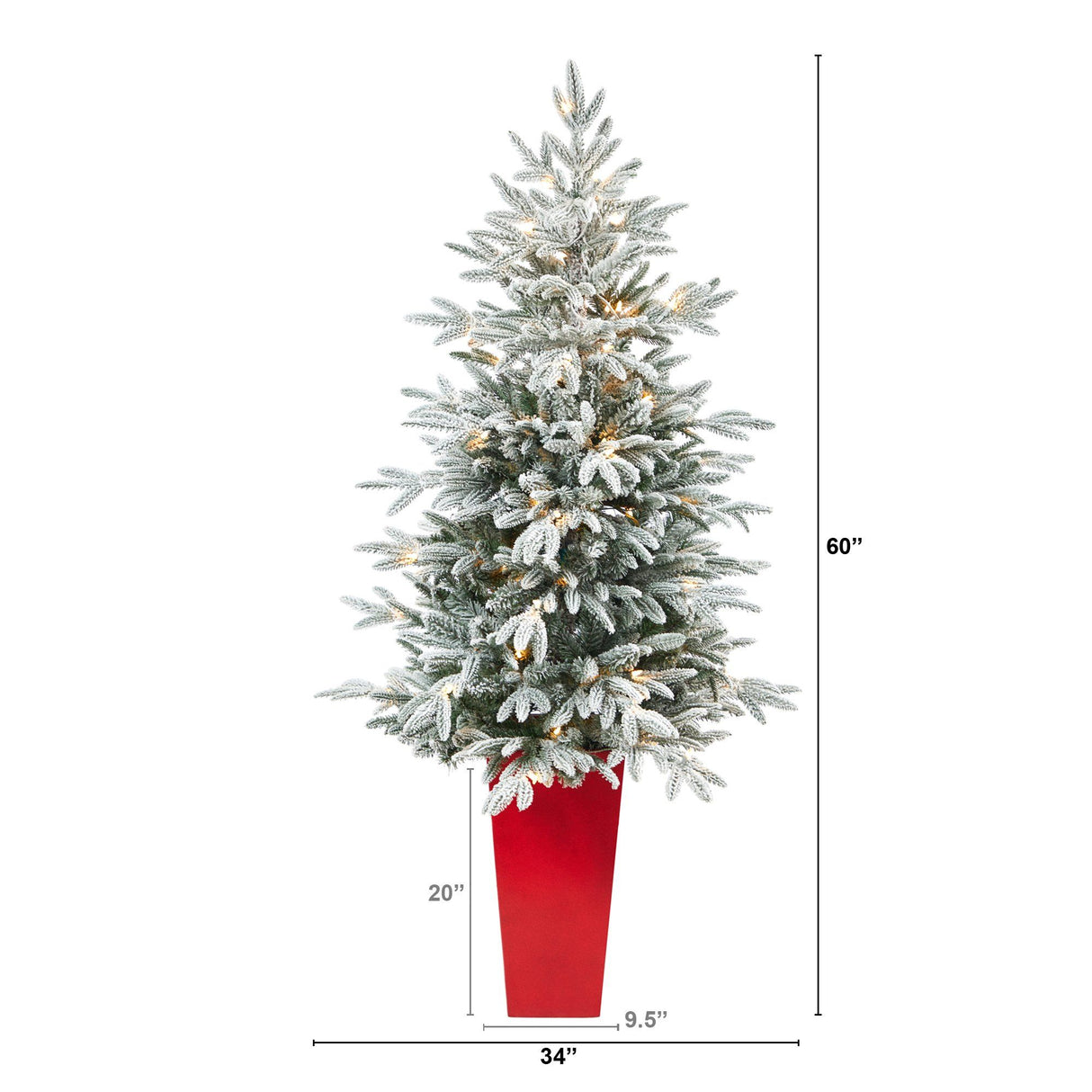 5’ Flocked Manchester Spruce Artificial Christmas Tree with 100 Lights and 357 Bendable Branches in Red Tower Planter by Nearly Natural