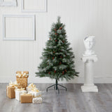 5’ Snowed French Alps Mountain Pine Artificial Christmas Tree with 387 Bendable Branches and Pine Cones by Nearly Natural