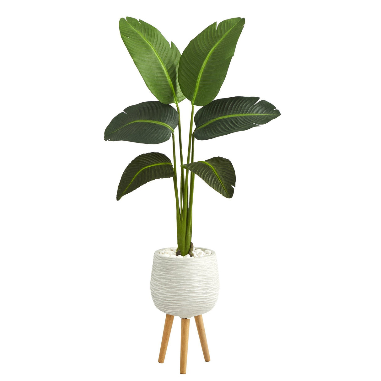 5’ Traveler’s Palm Artificial Plant in White Planter with Stand (Real Touch) by Nearly Natural