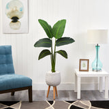 5’ Traveler’s Palm Artificial Plant in White Planter with Stand (Real Touch) by Nearly Natural