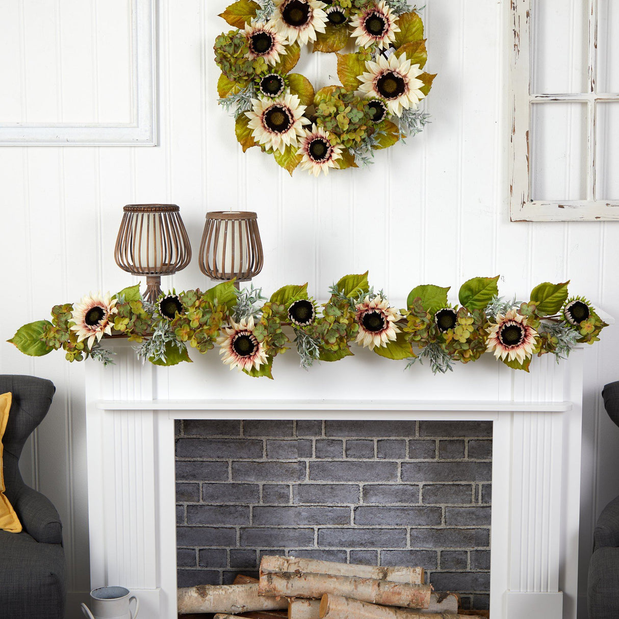 5’ White Sunflower and Hydrangea Artificial Garland by Nearly Natural