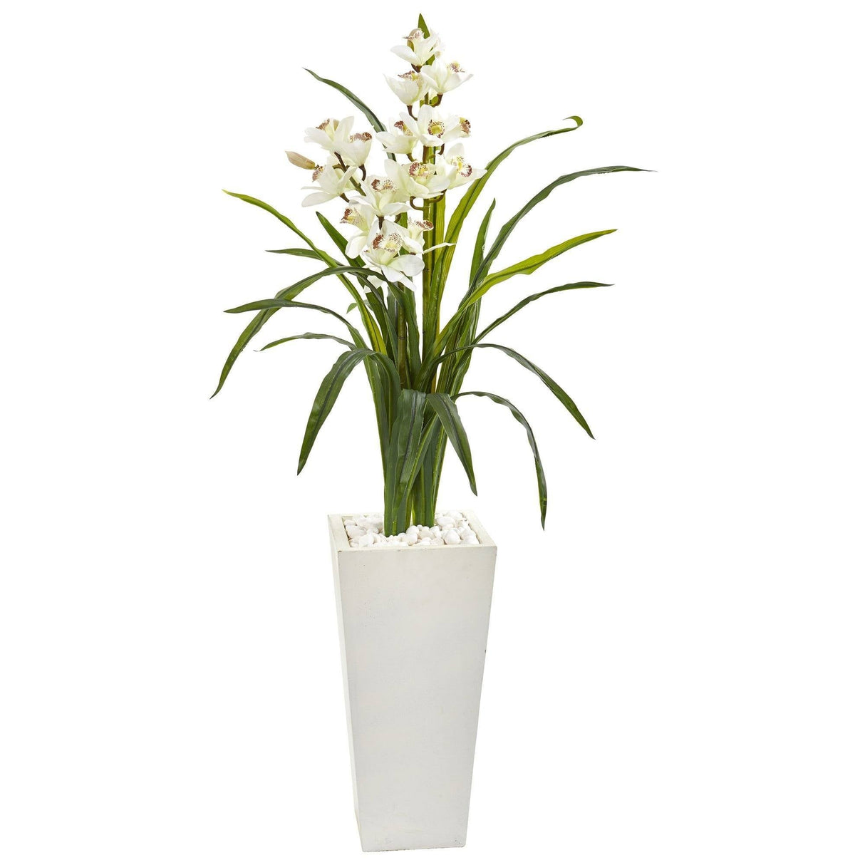 50” Cymbidium Orchid Artificial Plant in White Tower Planter by Nearly Natural