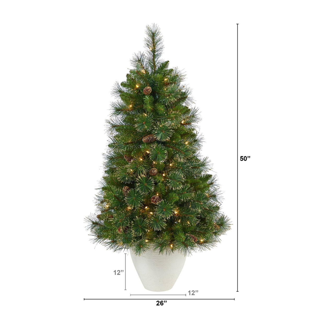 50” Golden Tip Washington Pine Artificial Christmas Tree with 100 Clear Lights, Pine Cones and 336 Bendable Branches in White Planter by Nearly Natural