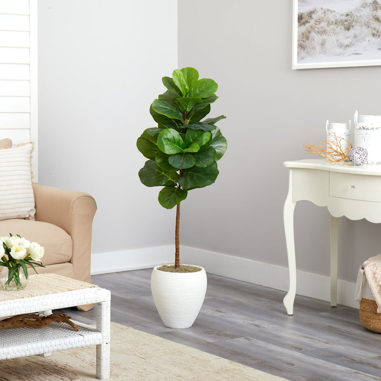 52” Fiddle Leaf Artificial Tree in White Planter by Nearly Natural