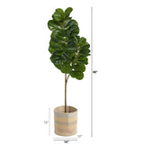 5.5’ Fiddle Leaf Fig Artificial Tree in Handmade Natural Cotton Multicolored Woven Planter by Nearly Natural