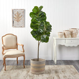 5.5’ Fiddle Leaf Fig Artificial Tree in Handmade Natural Cotton Multicolored Woven Planter by Nearly Natural