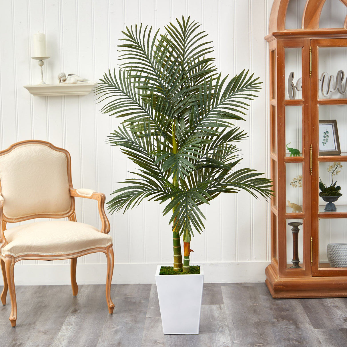 5.5’ Golden Cane Artificial Palm Tree in White Metal Planter by Nearly Natural