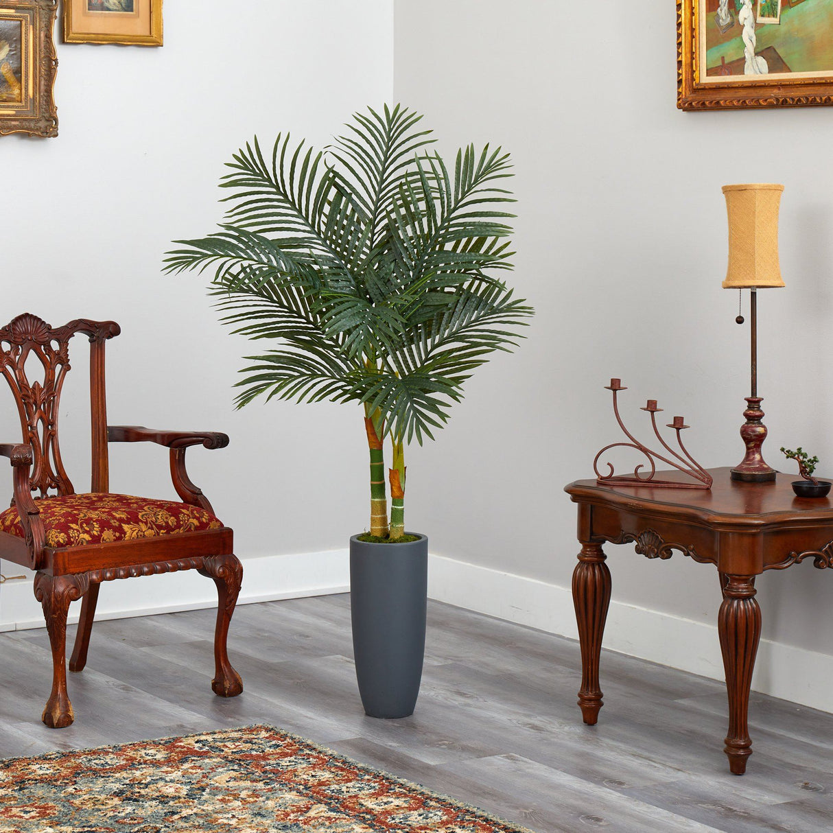 58” Golden Cane Artificial Palm Tree in Gray Planter by Nearly Natural