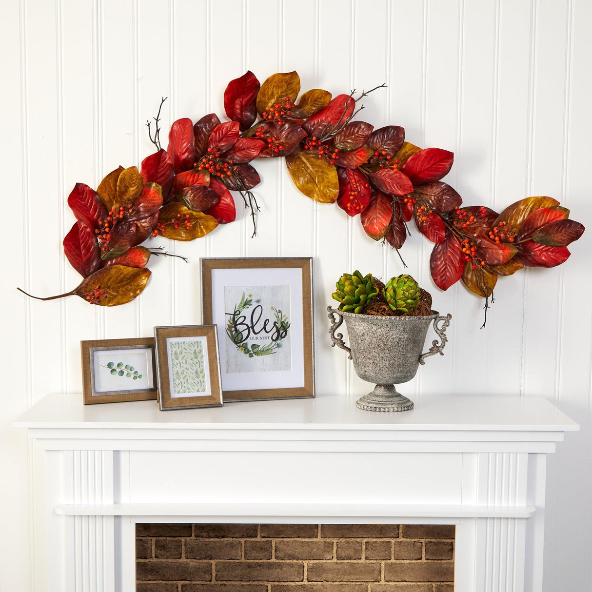 6’ Autumn Magnolia Leaf with Berries Artificial Garland by Nearly Natural