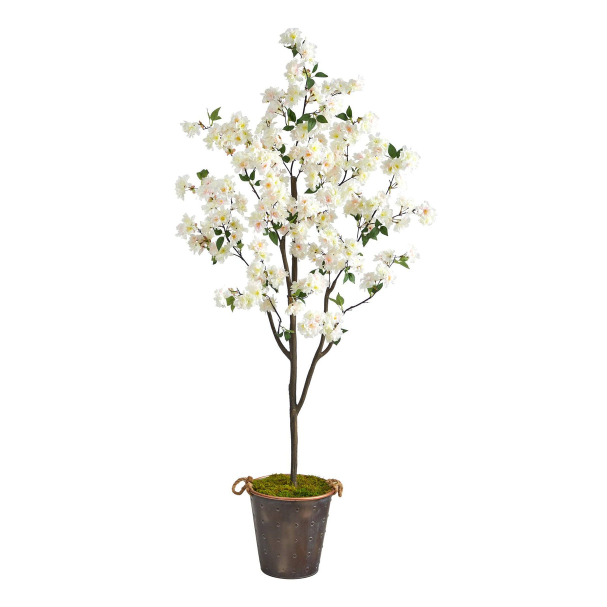 6’ Cherry Blossom Artificial Tree in Decorative Metal Pail with Rope by Nearly Natural