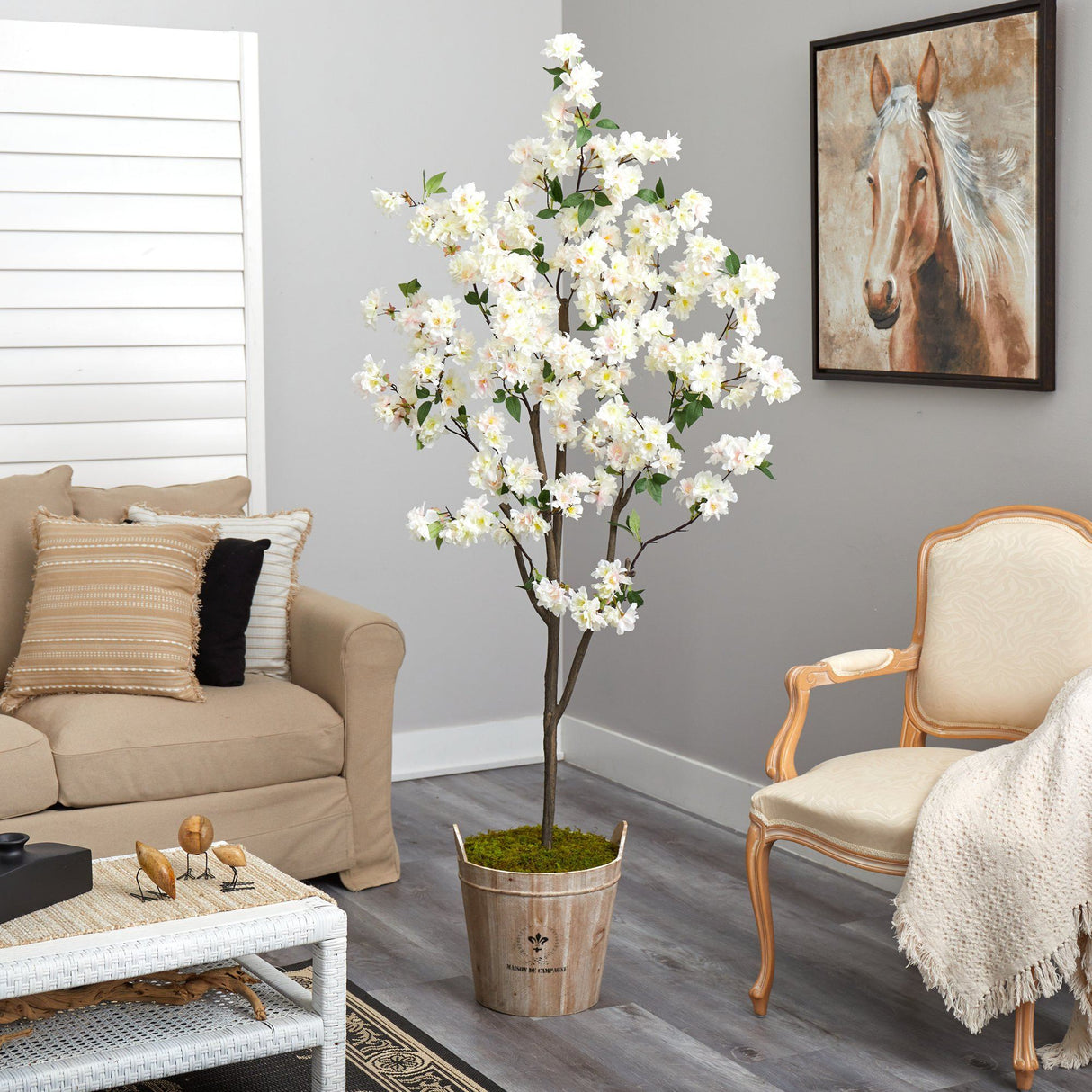 6’ Cherry Blossom Artificial Tree in Farmhouse Planter by Nearly Natural