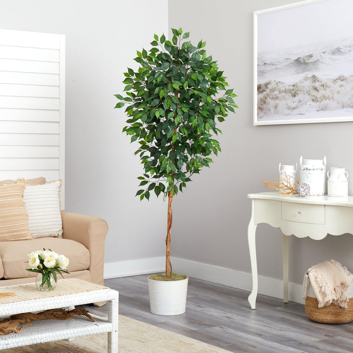 6’ Ficus Artificial Tree in White Tin Planter by Nearly Natural