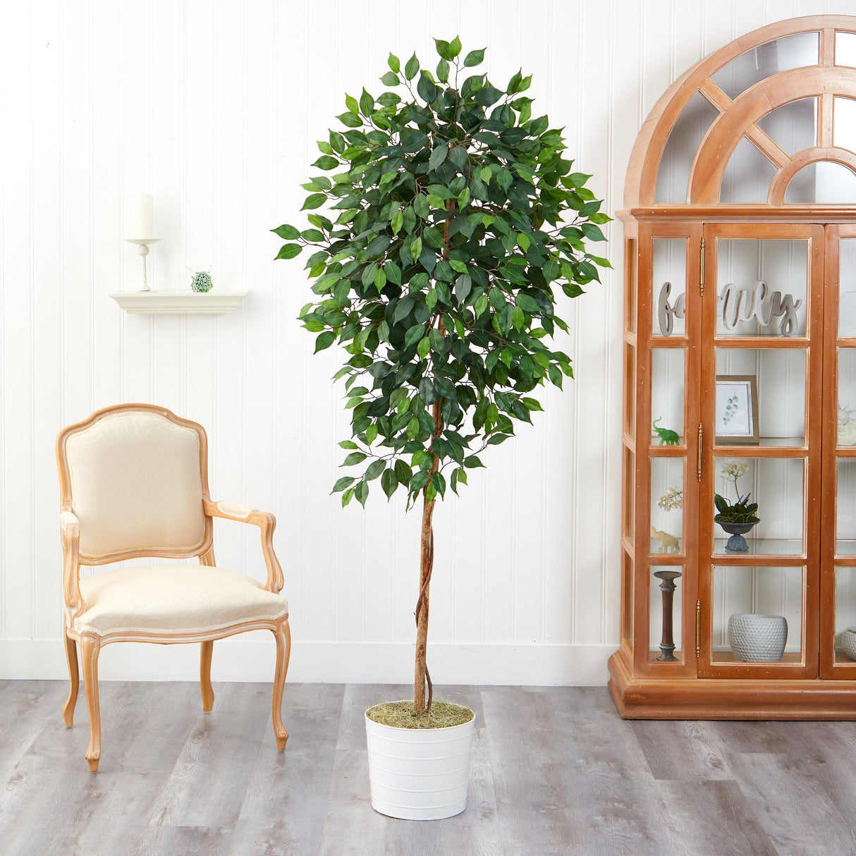 6’ Ficus Artificial Tree in White Tin Planter by Nearly Natural