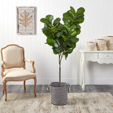 6’ Fiddle Leaf Fig Artificial Tree in Handmade Black and White Natural Jute and Cotton Planter by Nearly Natural