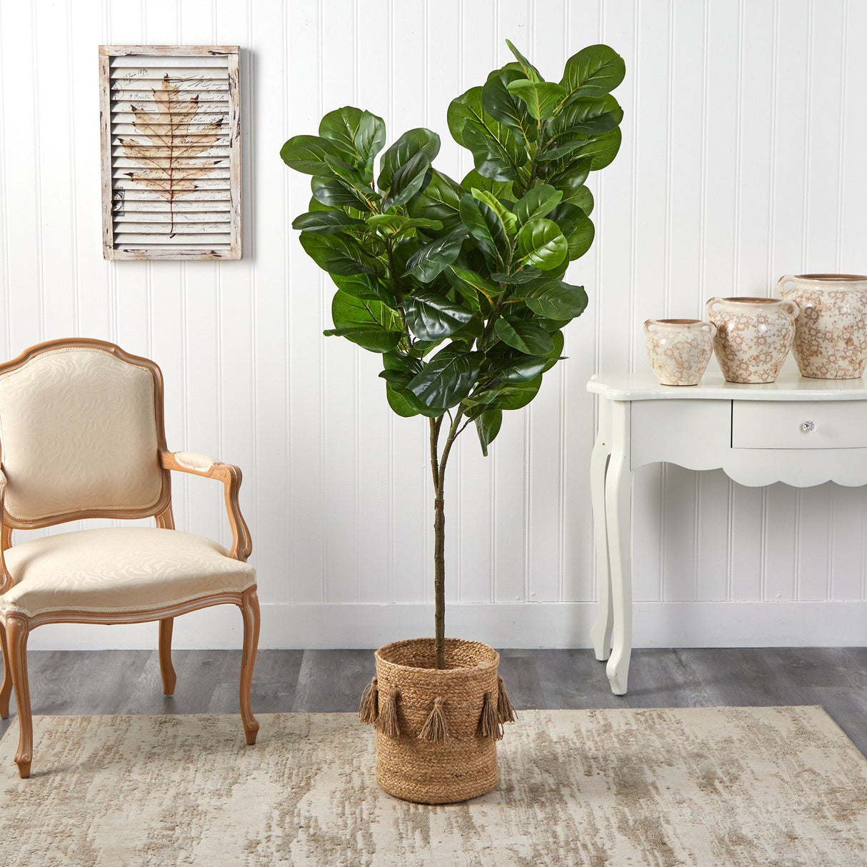 6’ Fiddle Leaf Fig Artificial Tree in Handmade Natural Jute Planter with Tassels by Nearly Natural