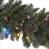 6' Flocked Artificial Christmas Garland with 50 Multicolored LED Lights and Berries by Nearly Natural