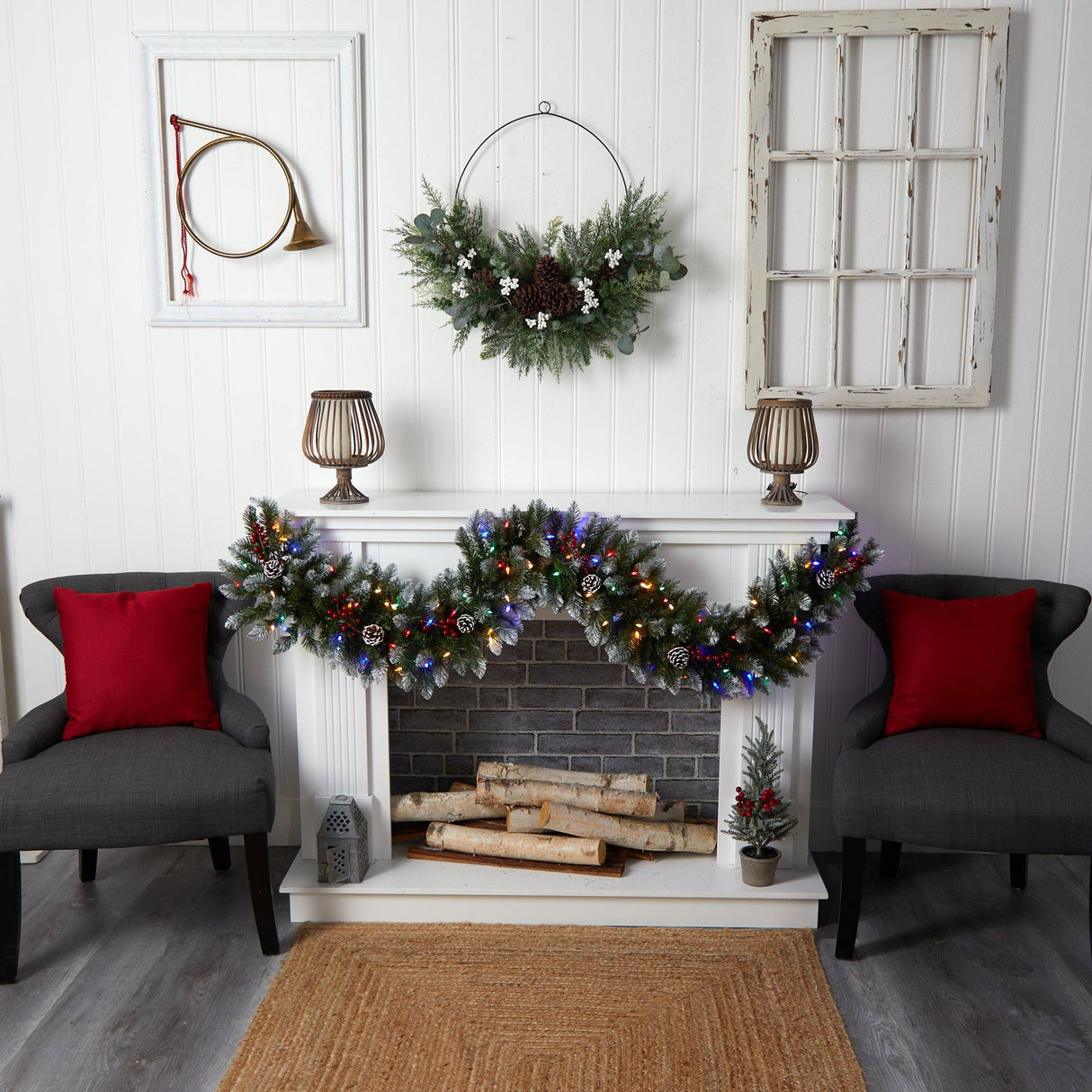 6' Snow Tipped Extra Wide Christmas Garland with Pinecones, Berries and 100 Multicolor LED Lights by Nearly Natural