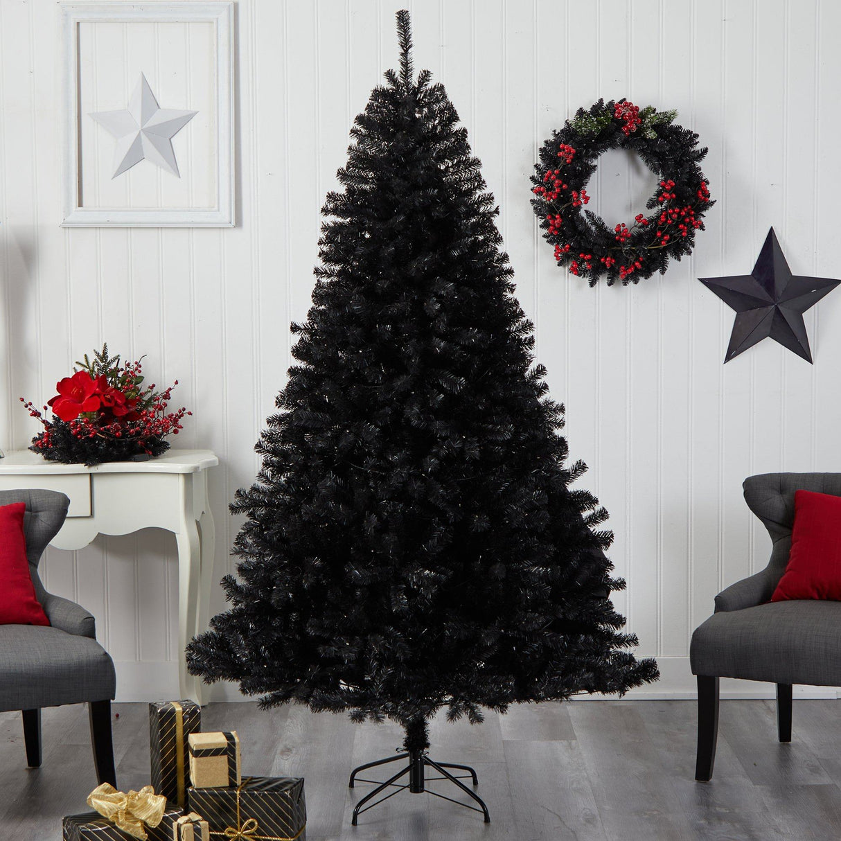 7’ Black Artificial Christmas Tree with 500 Clear LED Lights and 1428 Tips by Nearly Natural