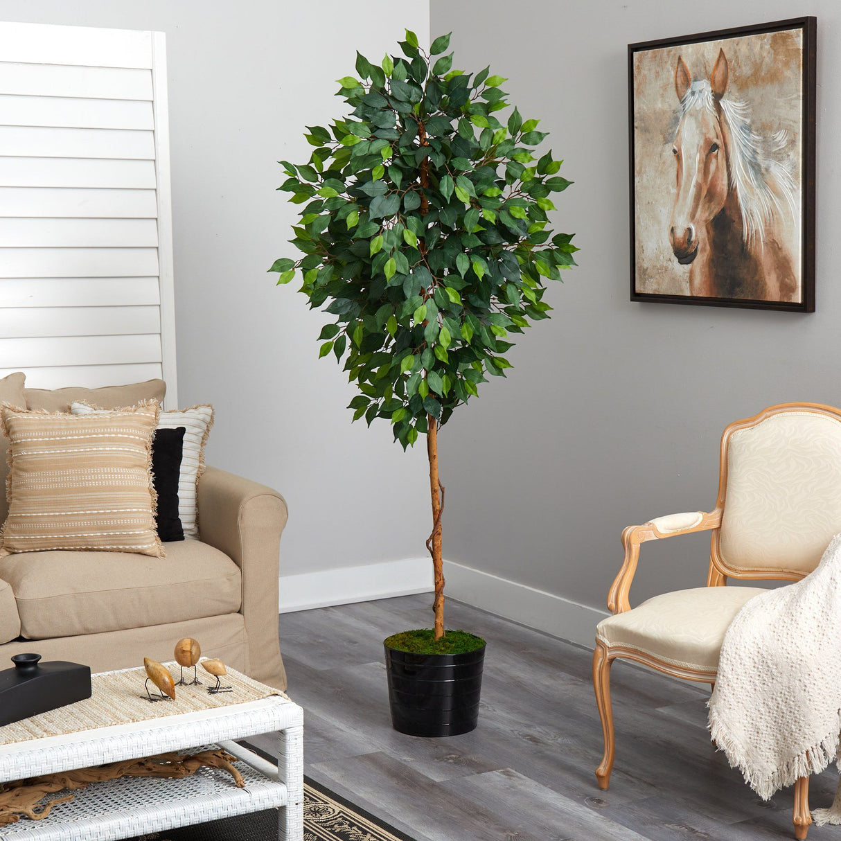 74” Ficus Artificial tree in Black Tin Planter by Nearly Natural