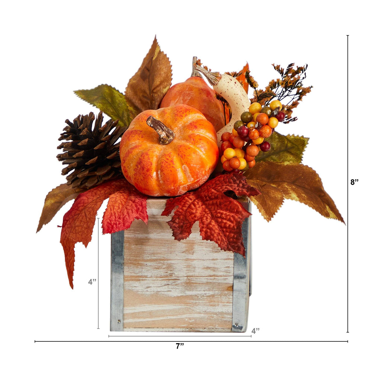 8” Fall Pumpkin, Gourd, Berries and Pinecones Artificial Autumn  Arrangement in Natural Washed Vase by Nearly Natural