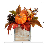 8” Fall Pumpkin, Gourd, Berries and Pinecones Artificial Autumn  Arrangement in Natural Washed Vase by Nearly Natural