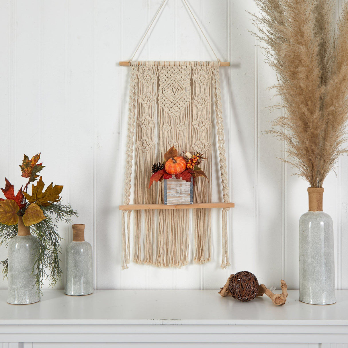 8” Fall Pumpkin, Gourd, Berries and Pinecones Artificial Autumn  Arrangement in Natural Washed Vase by Nearly Natural