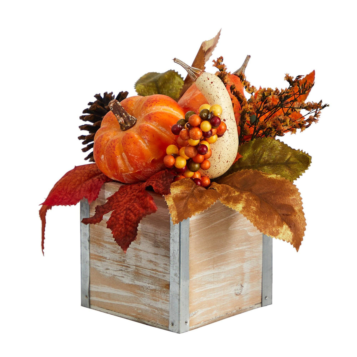 8” Fall Pumpkin, Gourd, Berries and Pinecones Artificial Autumn  Arrangement in Natural Washed Vase by Nearly Natural