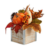 8” Fall Pumpkin, Gourd, Berries and Pinecones Artificial Autumn  Arrangement in Natural Washed Vase by Nearly Natural