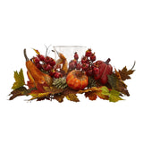 8" Pumpkin, Gourd, Berry and Maple Leaf Artificial Arrangement Candelabrum" by Nearly Natural