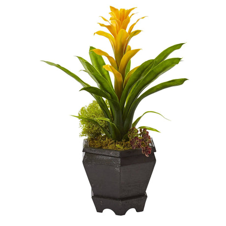 Bromeliad in Black Hexagon Planter by Nearly Natural